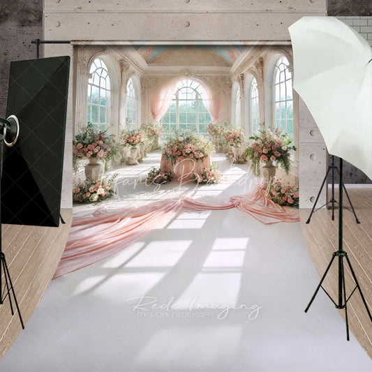 Lofaris Grand Palace Rose Hall Backdrop Elegant Pink Draping and Flower Vase Scene Royal Wedding Photography