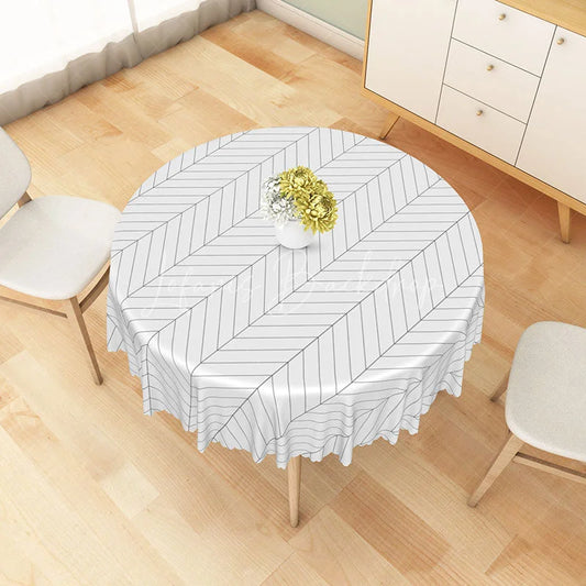 Lofaris Gray Botanical Leaf Stripe Round Tablecloth with Faux Scalloped Edge for Modern Farmhouse Decor