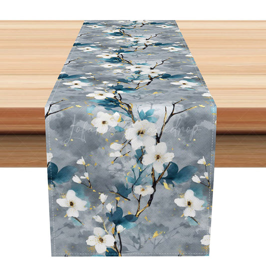 Lofaris Gray Floral Table Runner in an Ink Painting Style with Faux Glitter Moody and Elegant Botanical Art Decor