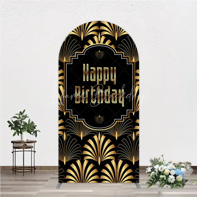 Lofaris Great Gatsby Happy Birthday Arch Backdrop Black and Gold Art Deco Pattern Roaring 20s Themed Party Photo Booth