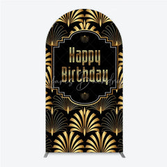 Lofaris Great Gatsby Happy Birthday Arch Backdrop Black and Gold Art Deco Pattern Roaring 20s Themed Party Photo Booth