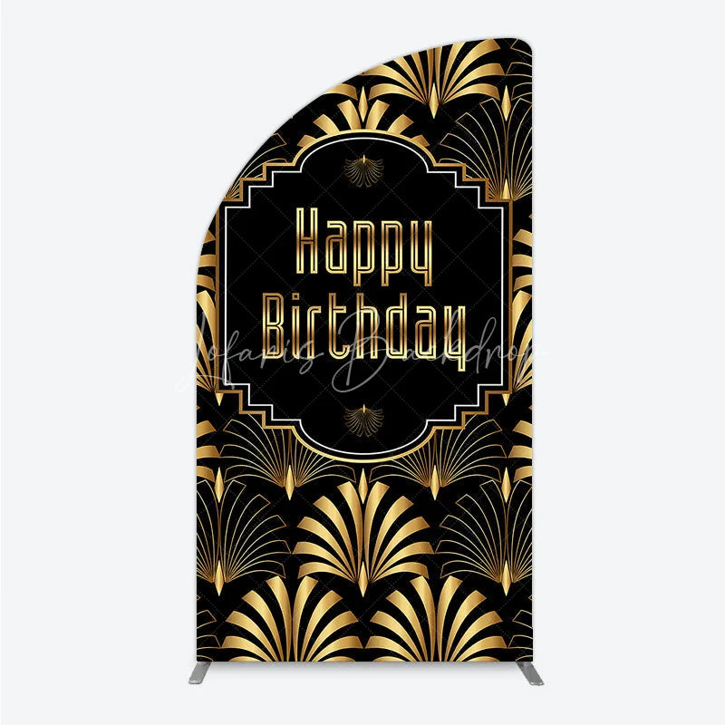 Lofaris Great Gatsby Happy Birthday Half Moon Arch Backdrop Black and Gold Art Deco Pattern Roaring 20s Themed Party Photo Booth