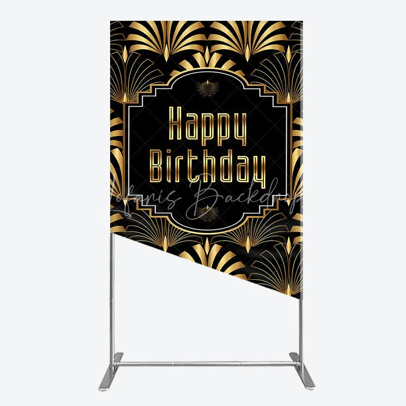 Lofaris Great Gatsby Happy Birthday Rectangle Backdrop Black and Gold Art Deco Pattern Roaring 20s Themed Party Photo Booth