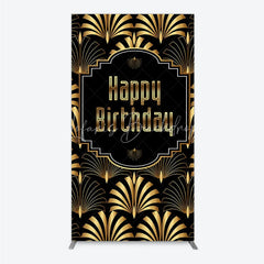 Lofaris Great Gatsby Happy Birthday Rectangle Backdrop Black and Gold Art Deco Pattern Roaring 20s Themed Party Photo Booth