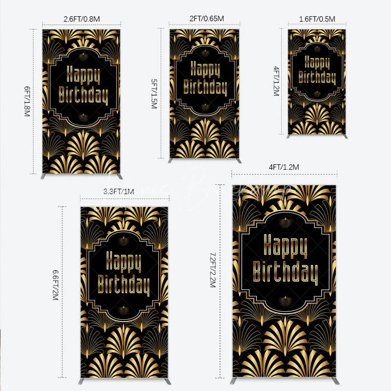 Lofaris Great Gatsby Happy Birthday Rectangle Backdrop Black and Gold Art Deco Pattern Roaring 20s Themed Party Photo Booth