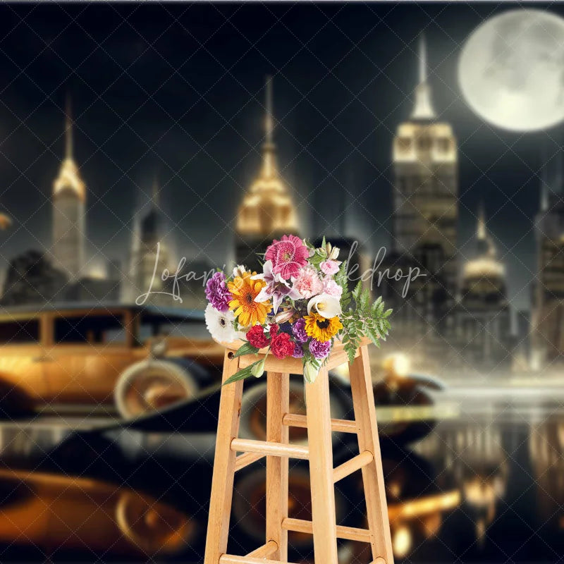 Lofaris Great Gatsby New York City Night Backdrop Golden Vintage Car and Skyline Photography Banner