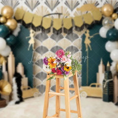 Lofaris Great Gatsby Theme Birthday Backdrop Art Deco Emerald Green and Gold City Skyline Cake Smash Background