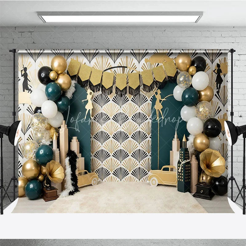 Lofaris Great Gatsby Theme Birthday Backdrop Art Deco Emerald Green and Gold City Skyline Cake Smash Background