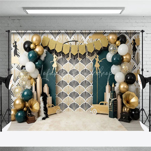 Lofaris Great Gatsby Theme Birthday Backdrop Art Deco Emerald Green and Gold City Skyline Cake Smash Background