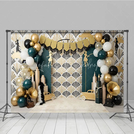 Lofaris Great Gatsby Theme Birthday Backdrop Art Deco Emerald Green and Gold City Skyline Cake Smash Background