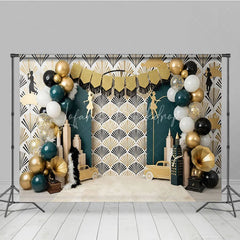 Lofaris Great Gatsby Theme Birthday Backdrop Art Deco Emerald Green and Gold City Skyline Cake Smash Background