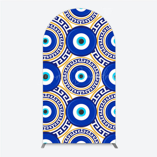 Lofaris Greek Evil Eye Arch Backdrop for Birthday Party Blue and Gold Nazar Amulet Pattern Protection Themed Photo Decor