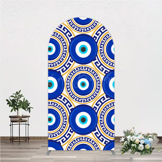 Lofaris Greek Evil Eye Arch Backdrop for Birthday Party Blue and Gold Nazar Amulet Pattern Protection Themed Photo Decor