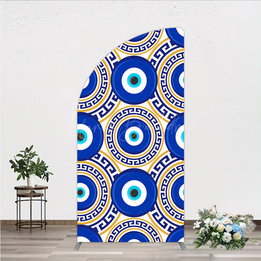 Lofaris Greek Evil Eye Half Moon Arch Backdrop for Birthday Party Blue and Gold Nazar Amulet Pattern Protection Themed Photo Decor