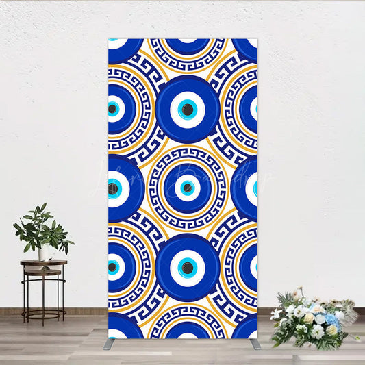 Lofaris Greek Evil Eye Rectangle Backdrop for Birthday Party Blue and Gold Nazar Amulet Pattern Protection Themed Photo Decor