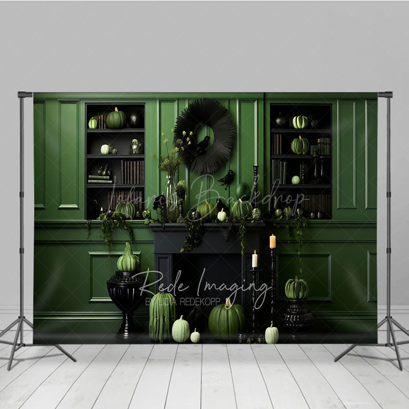 Lofaris Green and Black Monochromatic Halloween Photography Backdrop Elegant Fireplace with Pumpkins Crows Decor