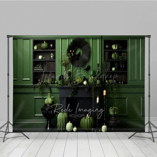 Lofaris Green and Black Monochromatic Halloween Photography Backdrop Elegant Fireplace with Pumpkins Crows Decor