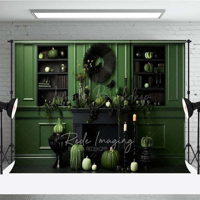 Lofaris Green and Black Monochromatic Halloween Photography Backdrop Elegant Fireplace with Pumpkins Crows Decor