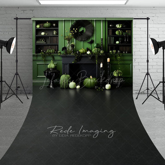 Lofaris Green and Black Monochromatic Halloween Sweep Backdrop Elegant Fireplace with Pumpkins Moody Photo Floor Drop