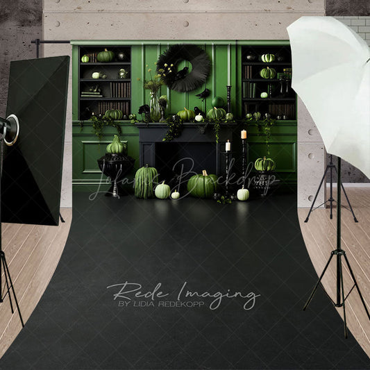 Lofaris Green and Black Monochromatic Halloween Sweep Backdrop Elegant Fireplace with Pumpkins Moody Photo Floor Drop