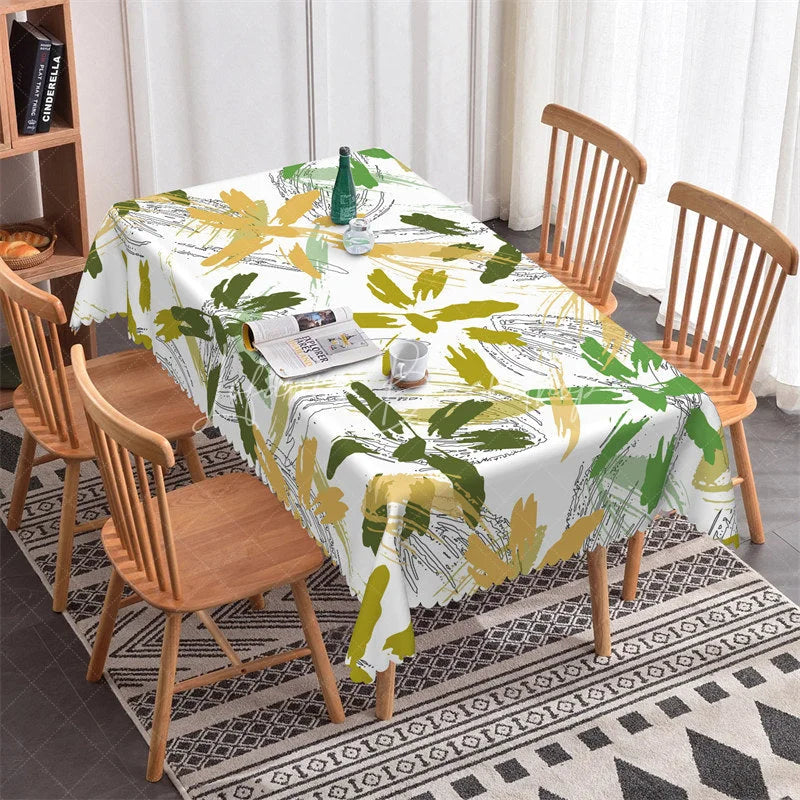 Lofaris Green and Gold Abstract Floral Rectangle Tablecloth Elegant Botanical Party Table Decor