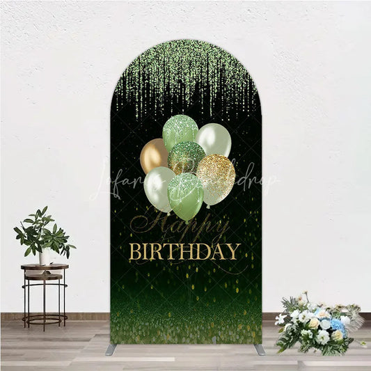 Lofaris Green and Gold Glitter Happy Birthday Balloons Round Top Arch Backdrop Elegant Celebration Party Decor