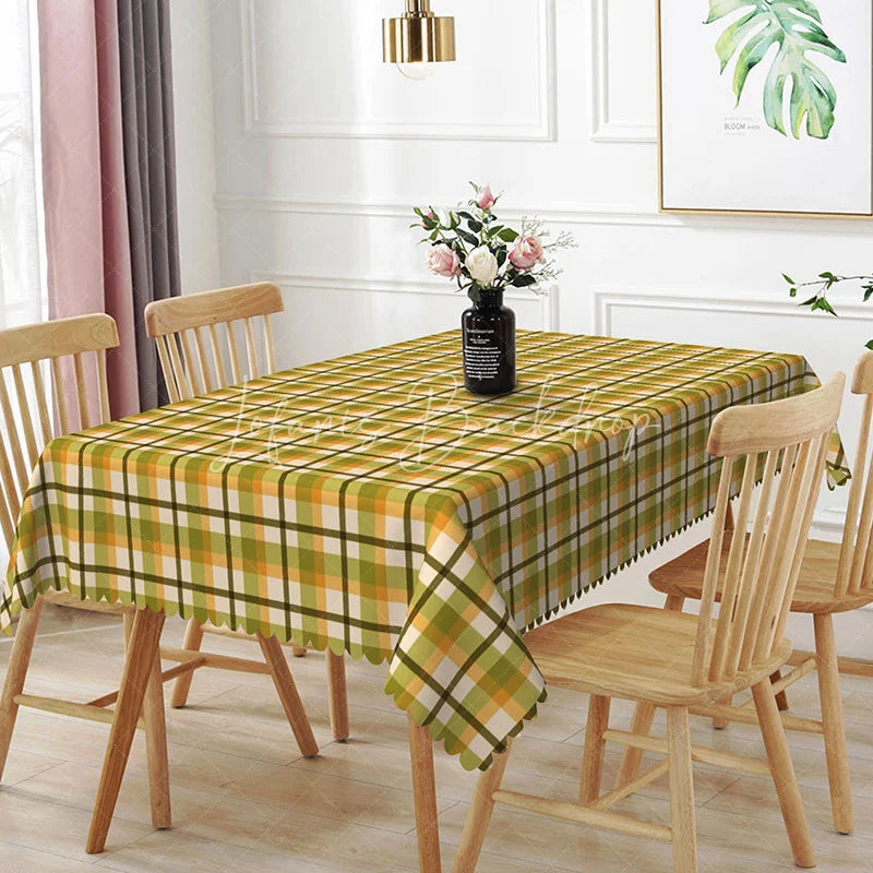 Lofaris Green and Orange Plaid Rectangle Tablecloth Classic Tartan Grid Pattern Fall Picnic Rustic Kitchen Dining Room Decor