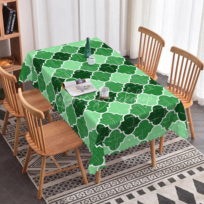 Lofaris Green and White Moroccan Trellis Rectangle Tablecloth with Distressed Texture Scalloped Edge for Dining Decor