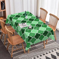 Lofaris Green and White Moroccan Trellis Rectangle Tablecloth with Distressed Texture Scalloped Edge for Dining Decor