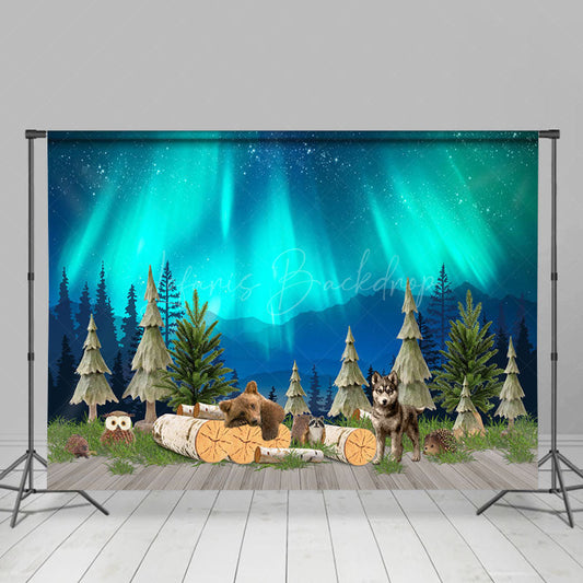 Lofaris Green Aurora Wild Forest Mountain Animals Backdrop