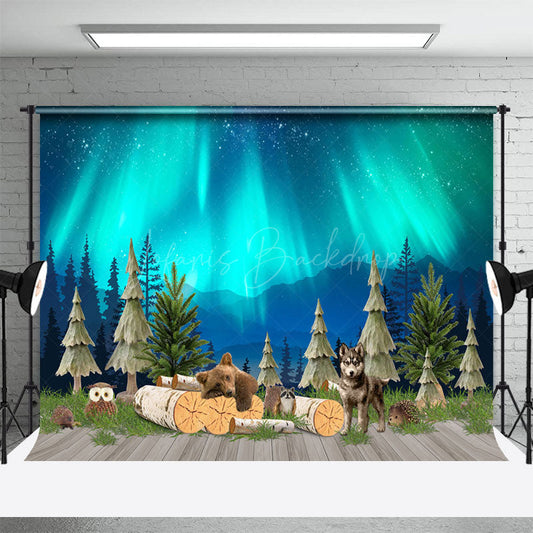Lofaris Green Aurora Wild Forest Mountain Animals Backdrop