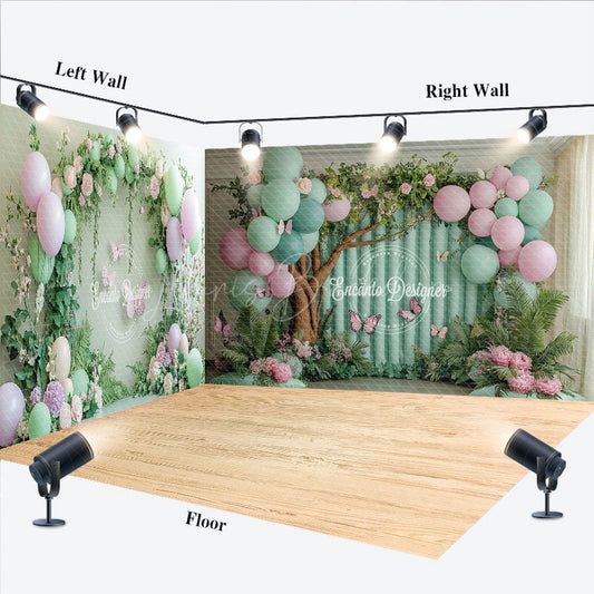 Lofaris Green Balloons Spring Cake Smash Room Set Backdrop