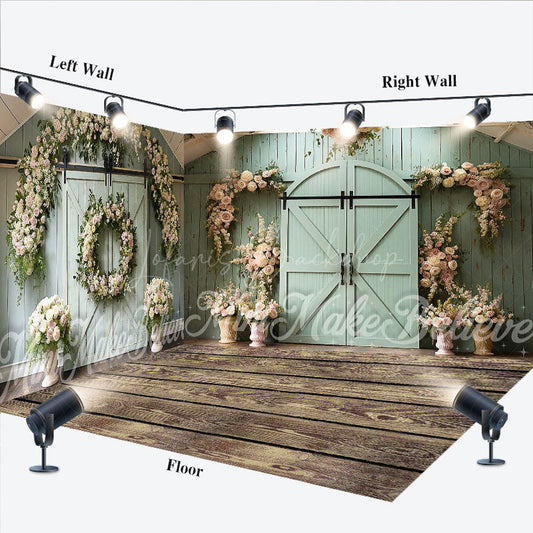 Lofaris Green Barn Door Floral Wedding Room Set Backdrop
