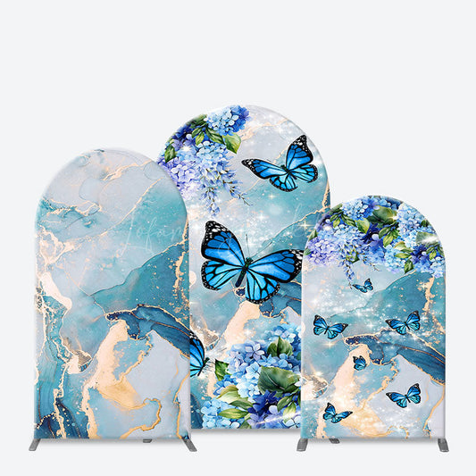 Lofaris Green Blue Marbled Floral Butterfly Arch Backdrop