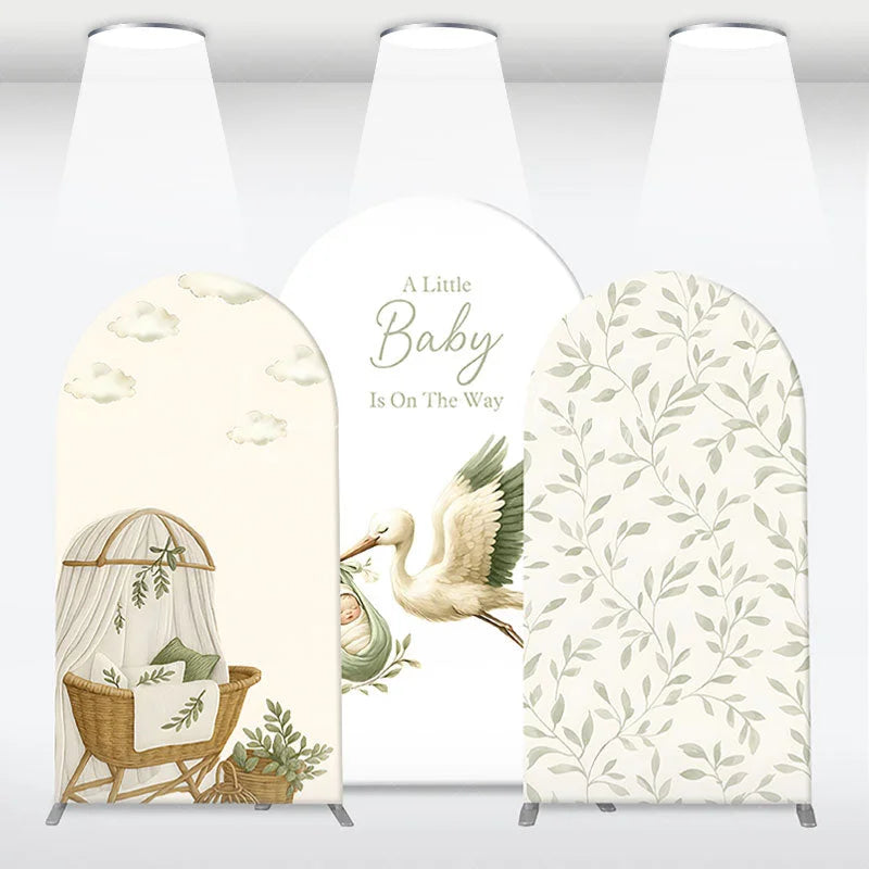 Lofaris Green Botanical Stork and Baby Bassinet Arch Backdrop Kit A Little Is On The Way Shower Decor