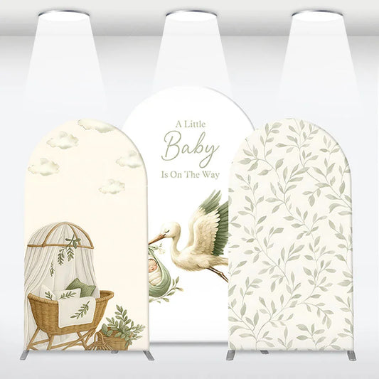 Lofaris Green Botanical Stork and Baby Bassinet Arch Backdrop Kit A Little Is On The Way Shower Decor