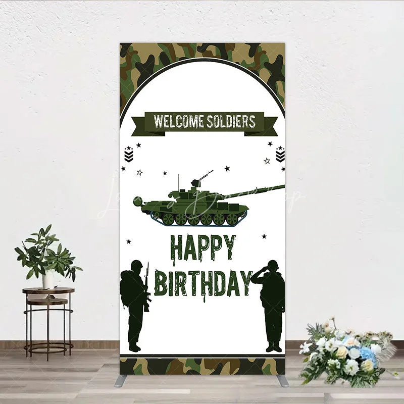 Lofaris Green Camouflage Army Tank Rectangle Backdrop Kit Welcome Soldiers Happy Birthday Party Decor