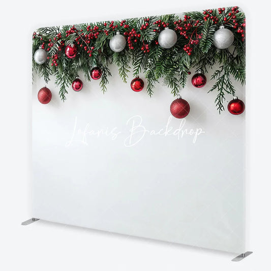 Lofaris Green Christmas Garland with Red Berries and Silver Ornaments Square Double-Sided Backdrop Festive Holiday Decor