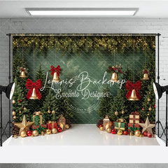 Lofaris Green Christmas Tree Holiday Backdrop with Golden Bells Red Bows and Festive Gifts Winter Party Decor