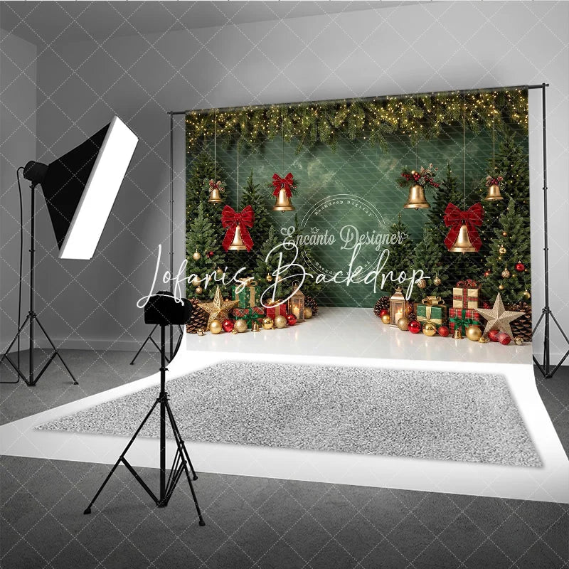 Lofaris Green Christmas Tree Holiday Backdrop with Golden Bells Red Bows and Festive Gifts Winter Party Decor