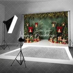 Lofaris Green Christmas Tree Holiday Backdrop with Golden Bells Red Bows and Festive Gifts Winter Party Decor