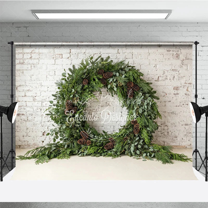 Lofaris Green Evergreen Wreath and Pinecone Holiday Backdrop Rustic Winter Christmas Party Decor on White Brick Wall