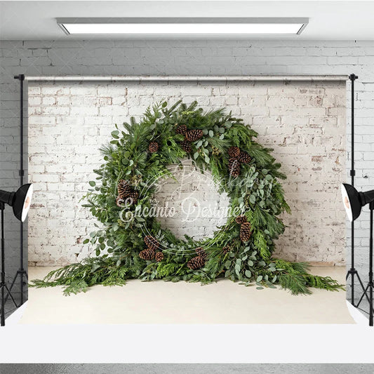 Lofaris Green Evergreen Wreath and Pinecone Holiday Backdrop Rustic Winter Christmas Party Decor on White Brick Wall