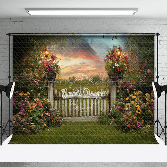 Lofaris Green Field Fence Floral Sunset Spring Backdrop
