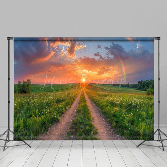 Lofaris Green Field Sunset Rainbow Natural Scene Backdrop