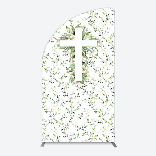 Lofaris Green Flower Cross God Bless Baptism Half Moon Arch Backdrop