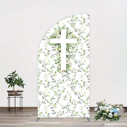 Lofaris Green Flower Cross God Bless Baptism Half Moon Arch Backdrop