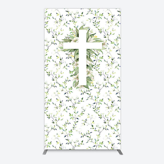 Lofaris Green Flower Cross God Bless Baptism Rectangle Backdrop