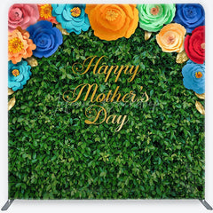 Lofaris Green Foliage Happy Mother’s Day Square Double-Sided Backdrop with Colorful Paper Flowers and Golden Leaves