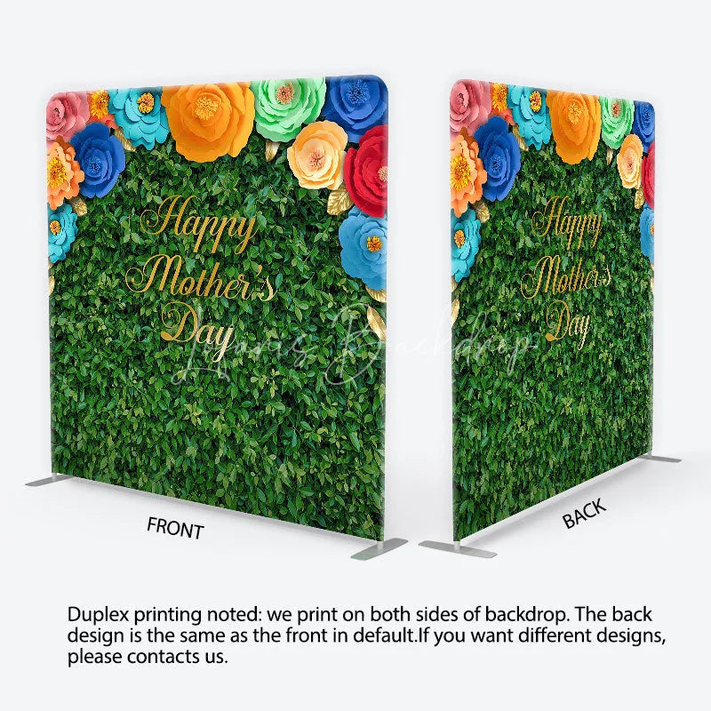 Lofaris Green Foliage Happy Mother’s Day Square Double-Sided Backdrop with Colorful Paper Flowers and Golden Leaves